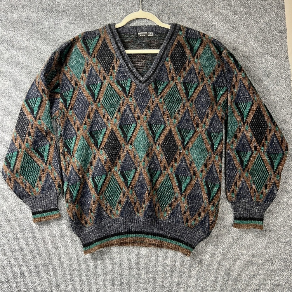 Woolworths Vintage Argyle V-Neck Sweater Mens Large Teal Brown Grey Acrylic Knit